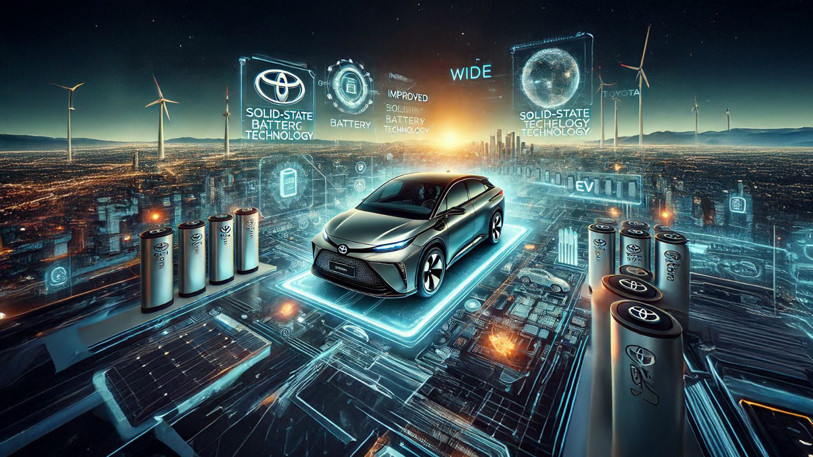 Több különböző Toyota személyautó és SUV modell parkol egy kör alakú elrendezésben egy nyitott tesztpályán, naplemente idején.