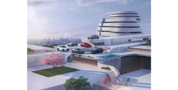 Eine moderne architektonische Szene mit mehreren luxuriösen Lexus Fahrzeugen in verschiedenen Farben vor einer Stadtsilhouette