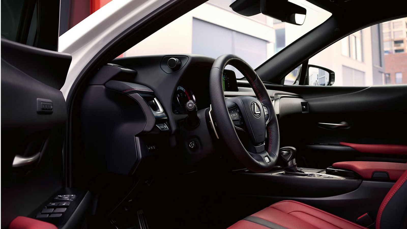 Close up interior side view of a Lexus UX cockpit