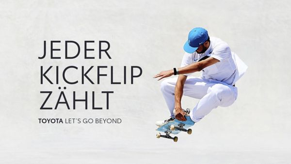 Skater auf einem Skateboard neben dem Text "Jeder Kickflip Zählt"