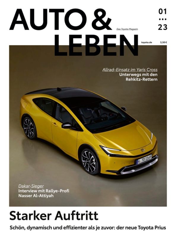 Auto & Leben Magazin Cover - gelber Prius, von oben fotografiert, sodass das große Solardach auffällt, Aufschrift "Starker Auftritt"