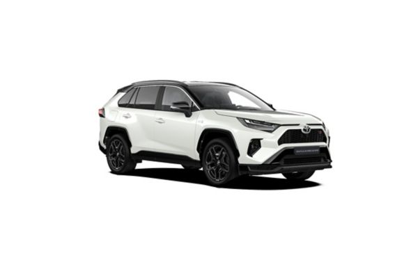 Seitenansicht eines weißen RAV4 Plug-in Hybrid vor neutralem Hintergrund.