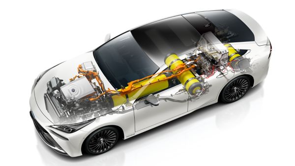 Grafik eines transparenten weißen Toyota Mirai mit Blick auf den Antrieb und dessen Brennstoffzelle.