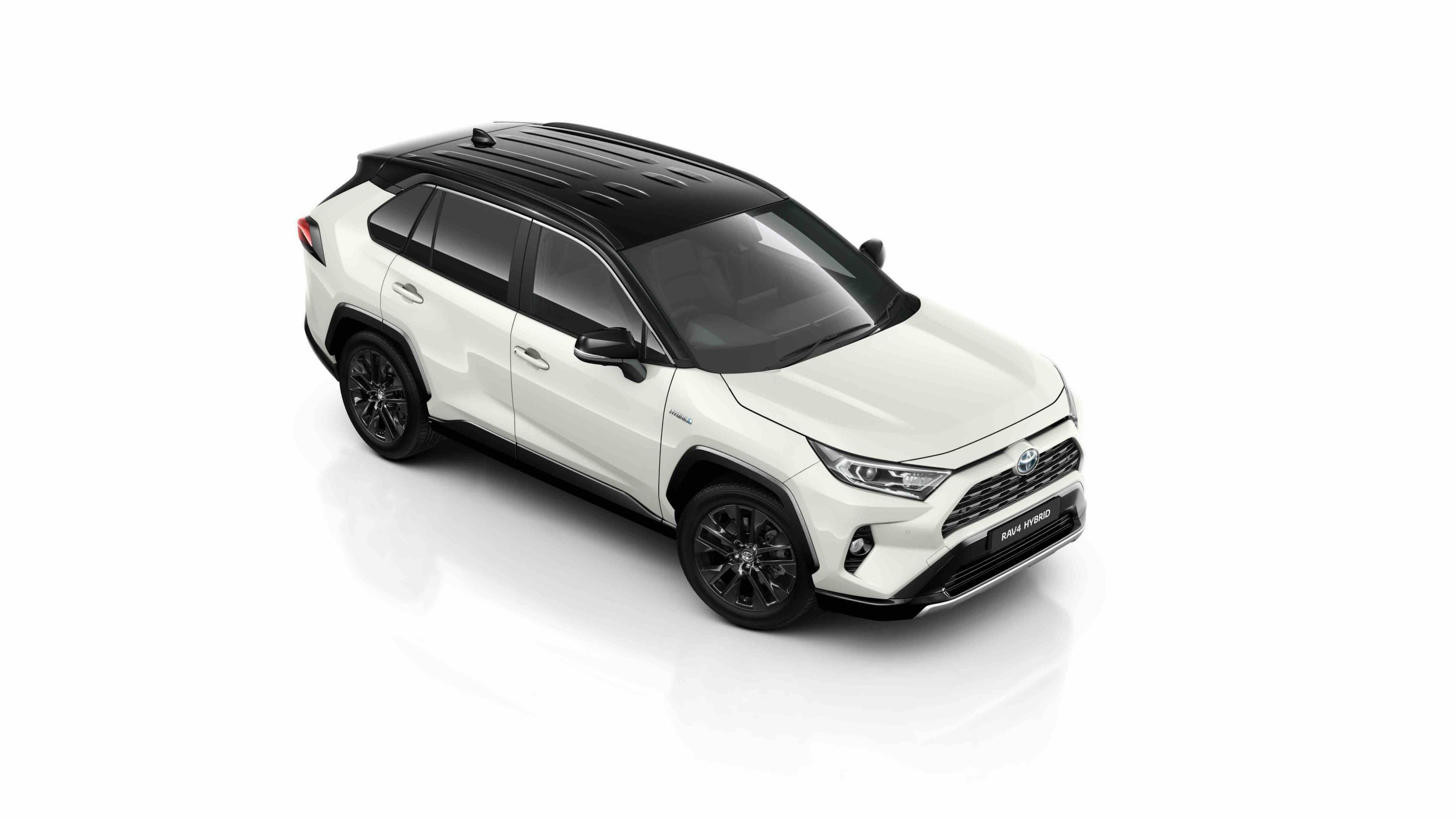 Weißer RAV4 von der Seite mit schwarzem Dach und anklickbaren Hotspots vor einem weißen Hintergrund