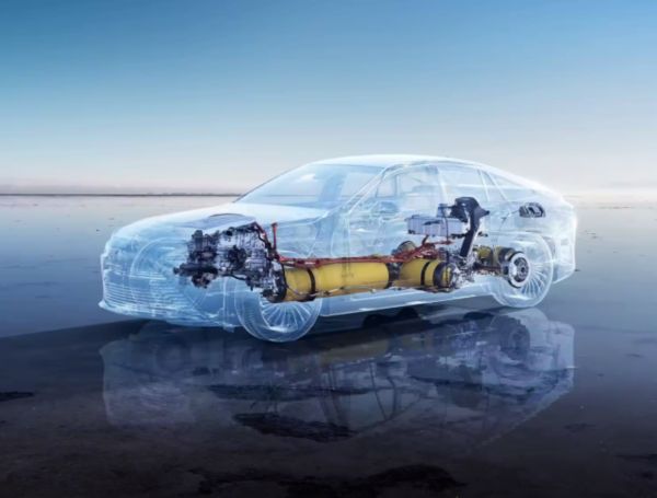 Illustration eines transparenten Wasserstoffautos mit sichtbarem Wasserstofftank und Motor.