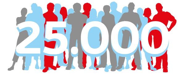 Illustration: Umrisse einer Personengruppe, grau, hellblau und rot eingefärbt; davor der Schriftzug „25.000“
