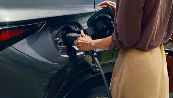 Eine Person steckt eine Ladekabel an einem Lexus an