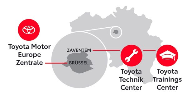 Eine Karte, die die wichtigsten Standorte von Toyota in Belgien hervorhebt. Sie zeigt den Hauptsitz von Toyota Motor Europe in Zaventem in der Nähe von Brüssel sowie das Toyota Technik Center und das Toyota Trainings Center. Die einzelnen Standorte werden durch Symbole dargestellt, die ihre Funktionen und Bedeutung im Toyota-Netzwerk anzeigen.
