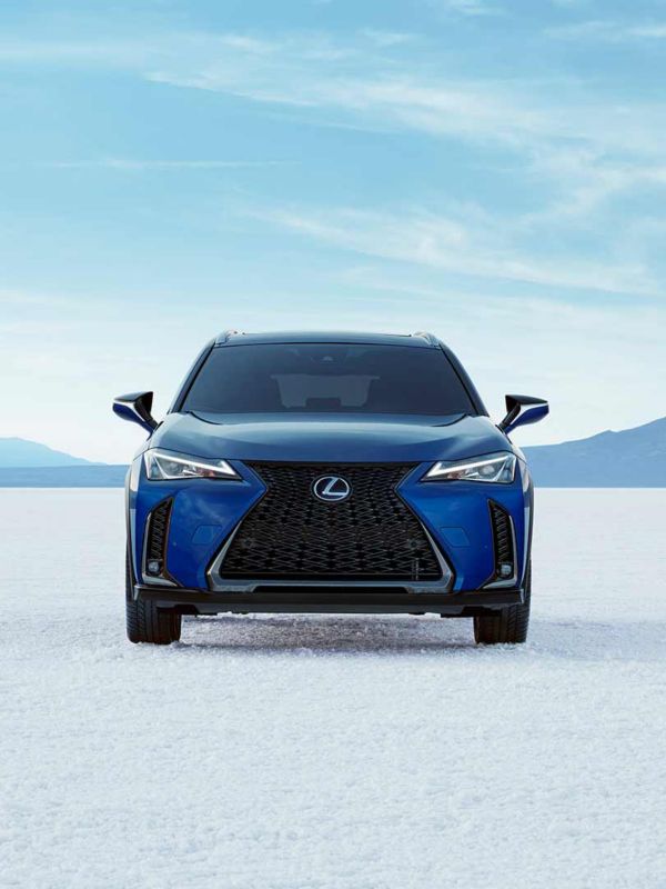 Ein blauer Lexus geparkt in der Wüste in Frontansicht