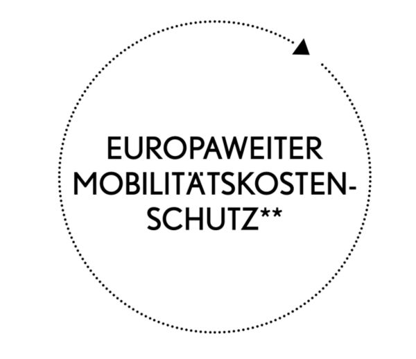 Bild zeigt den fettgedruckten Text „Europaweiter Mobilitätskosten-Schutz**“ in einem gepunkteten Kreisrahmen.