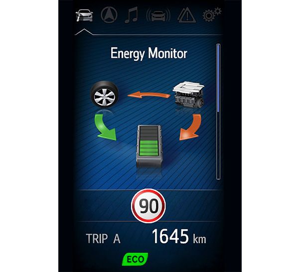 Fahrzeugdisplay mit Energieflussanzeige für ein Hybridauto mit Anzeigen für Batteriestatus, Fahrmodus und Geschwindigkeit