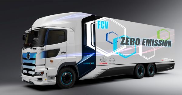 Weißer Brennstoffzellen-LKW mit verschiedenen Logos und Schriftzügen, darunter „FCV ZERO EMISSION“, neutraler Hintergrund 