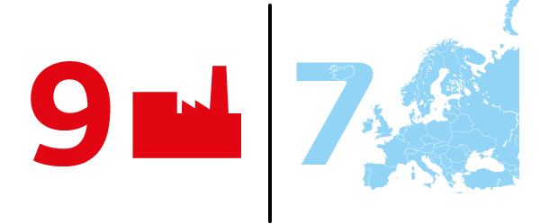 Zweigeteilte Illustration: links des schwarzen Trennstrichs ein Fabriksymbol mit einer 9 in Rot, rechts die Umrisse Europas in Blau mit einer 7 daneben