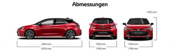 Illustration der Abmessungen des Toyota Corolla Hybrid: Radstand = 2640 mm; Länge = 4370 mm; Achsabstand = 1530 mm; Breite = 1790 mm; Höhe = 1435 mm