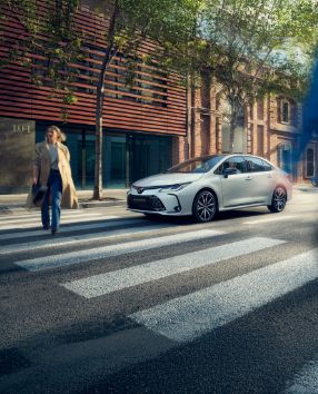 Toyota Corolla przepuszcza kobietę na pasach dla pieszych.