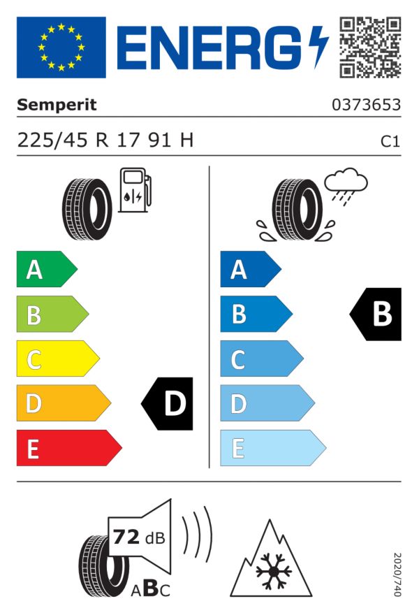 Illustration Effizienzlabel: C-Ranking Kraftstoffverbrauch, A-Ranking Grip bei Nässe, 72 Dezibel Lautstärke