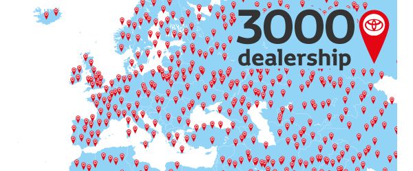 Illustration: Umrisse Europas in Blau mit vielen roten Pins für die Händler-Standorte, daneben der Schriftzug „3000 dealership“ mit Toyota Logo