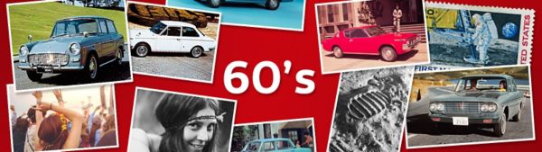 Collage aus Fotos von Toyota Modellen aus den 60er-Jahren sowie von weiteren Themen wie der Mondlandung, in der Mitte in Weiß: „60’s“