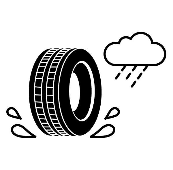 Nasshaftung Illustration: Symbole von Reifen neben einer Regenwolke in schwarz-weiß