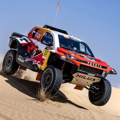 A TOYOTA GAZOO Racing Dakar Rally Hilux in action 
