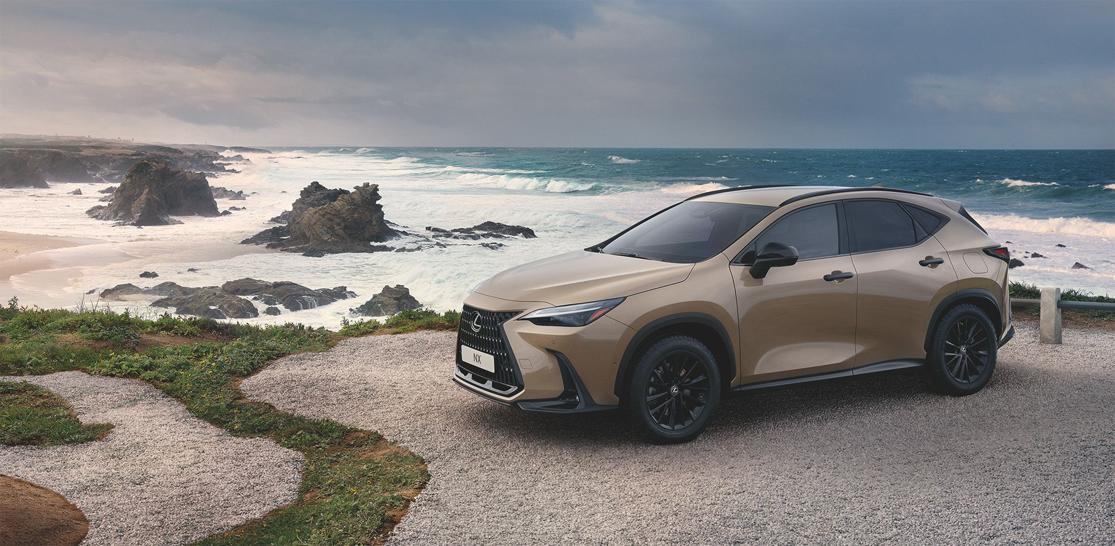 Ein beiger Lexus NX parkt an einem Strand vor einer malerischen Kulisse