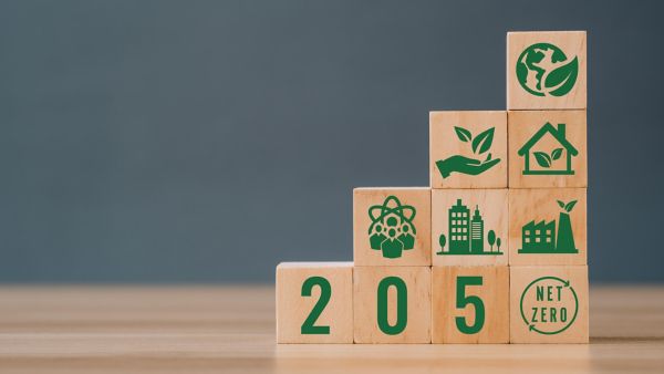 Gestapelte Holzblöcke, die treppenförmig angeordnet sind, zeigen verschiedene grüne Symbole, die für Nachhaltigkeitsthemen stehen.