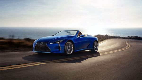 blue Lexus LC Convertible driving