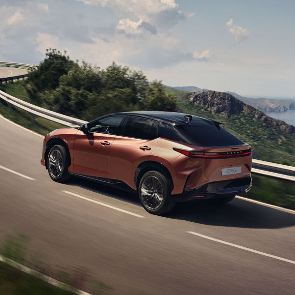 Lexus RZ jadący w wiejskiej scenerii