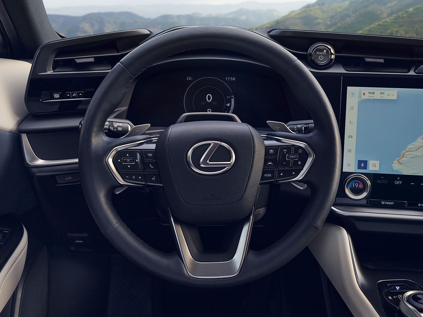 The steering wheel of a Lexus RZ.