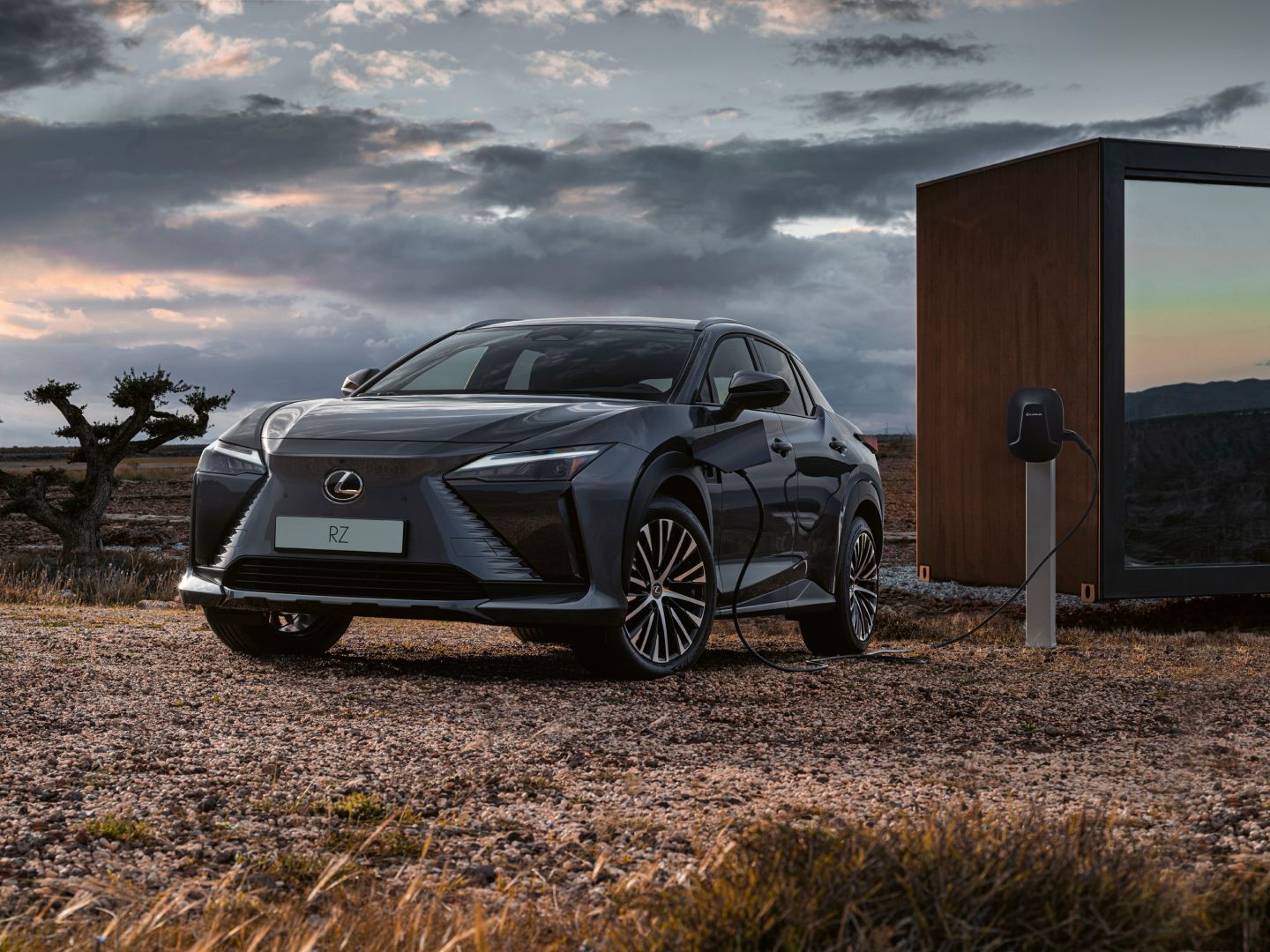 Front view of a parked Lexus RZ charging