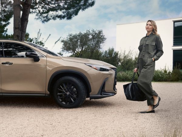 A person walking away from a parked Lexus RX
