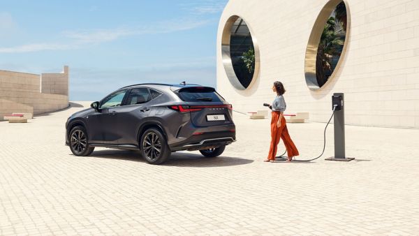 A person approaching a parked Lexus NX holding a charger