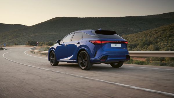 Rear view of a Lexus RX driving on a road