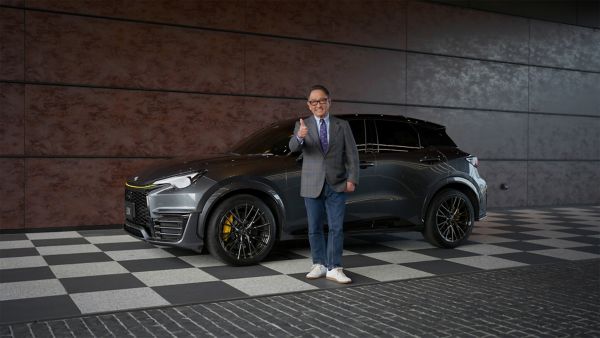 Akio Toyoda stood next to a Lexus LBX Morizo RR Concept