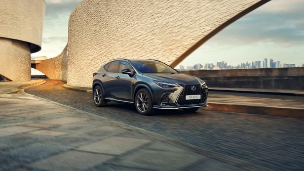 Zijaanzicht van een grijze Lexus NX 450h+