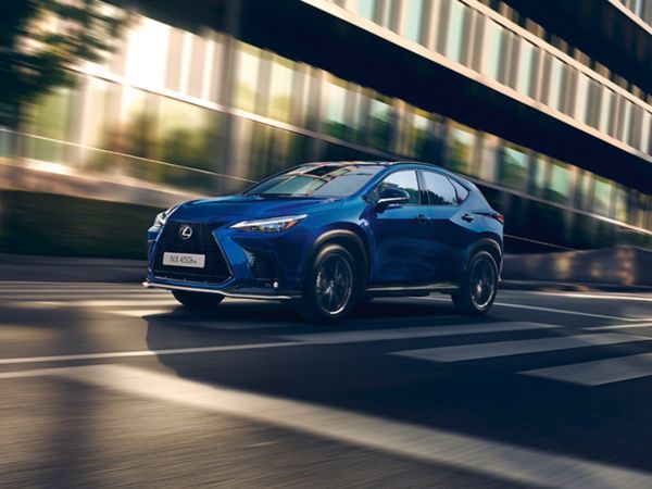 Zijaanzicht van een grijze Lexus NX 450h+