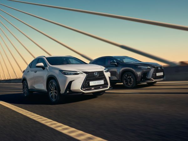 A Lexus NX 350h and NX 450h+ driving across a bridge