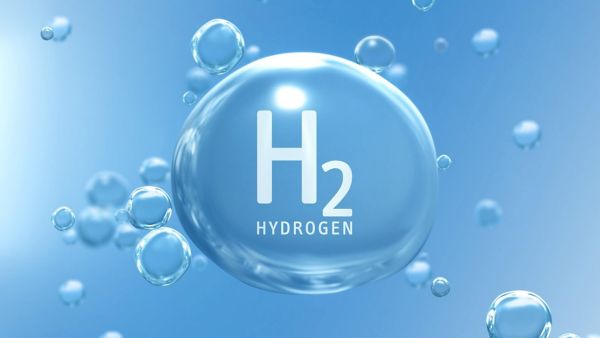 Grafische Visualisierung des Elements Wasserstoff mit H₂-Symbol in schwebenden Blasen