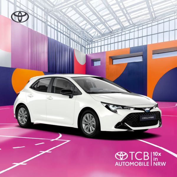 Ein weißer Toyota Corolla Teamplayer auf bunten Hintergrund.