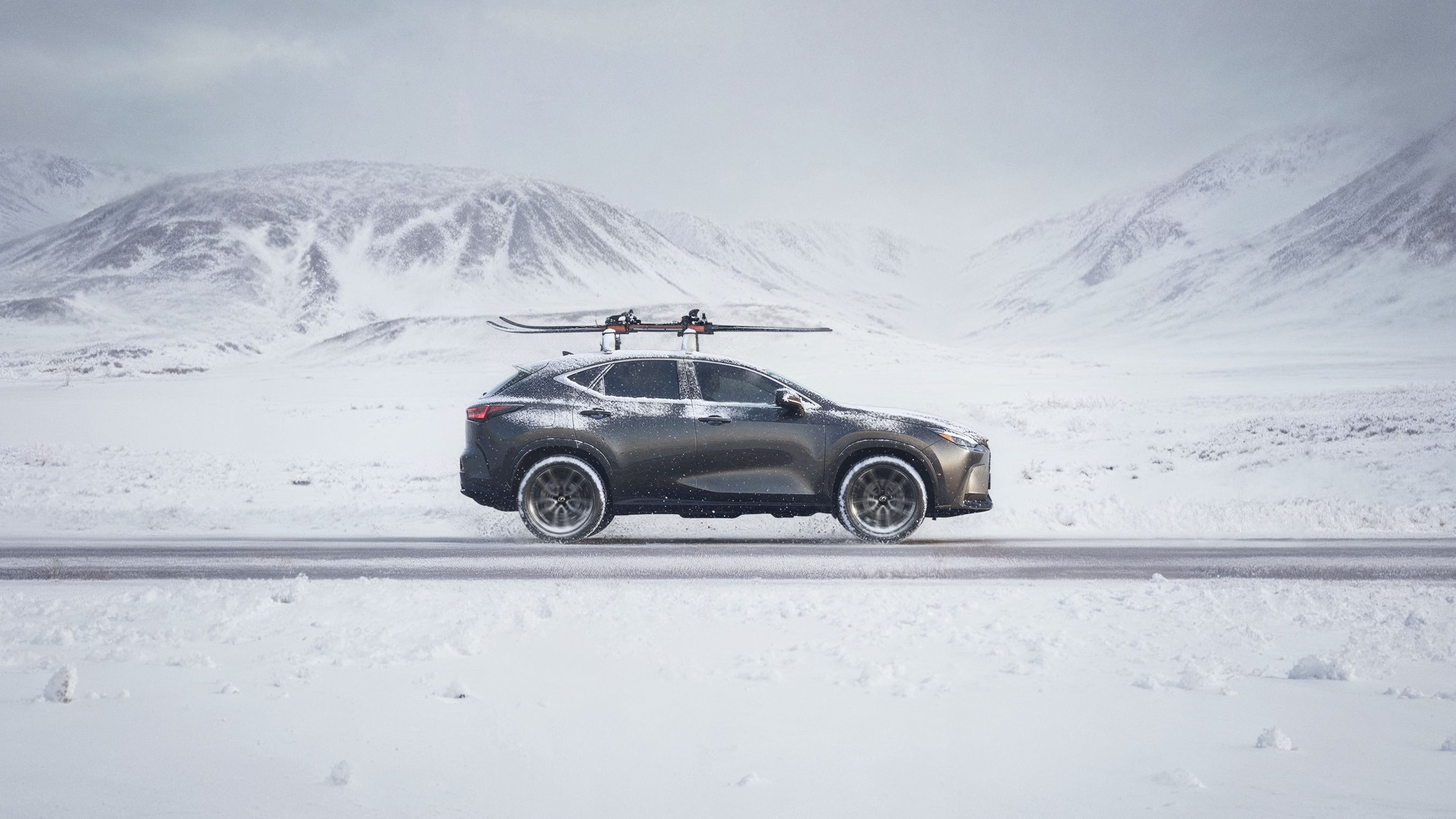 Ein Lexus NX fährt durch eine winterliche Landschaft