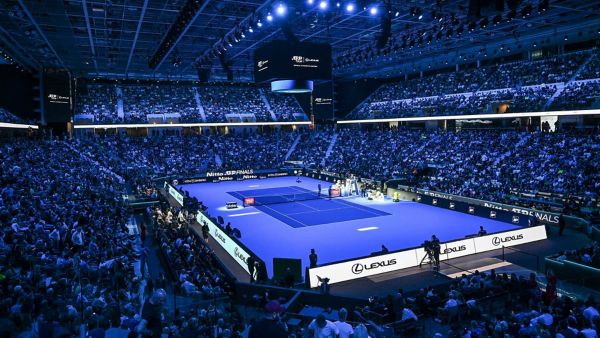 A wide shot of the court at an ATP event