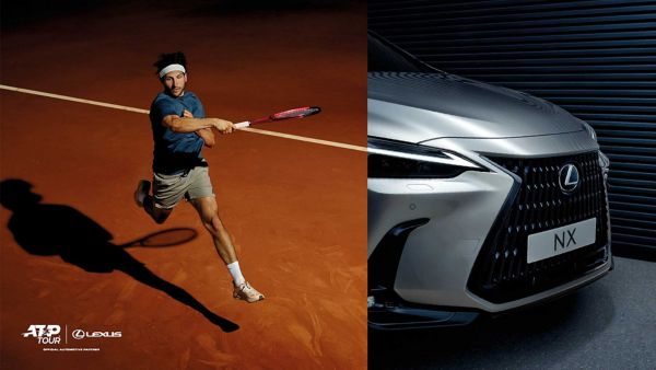 A tennis player in action at a Lexus X ATP event