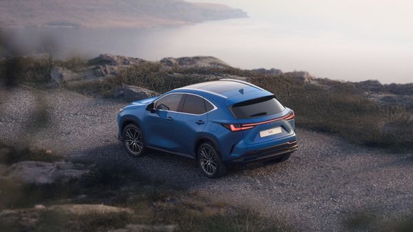 Blauer Lexus NX SUV von hinten auf einem steinigen Weg in einer bergigen Landschaft, mit Blick auf ein ruhiges Gewässer im Hintergrund.
