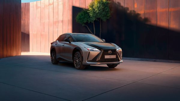 Front three-quarter angle of a parked Lexus RZ with bi-tone exterior