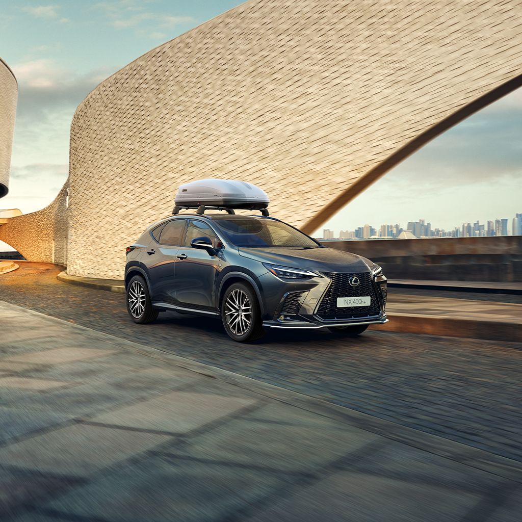 Una Lexus NX con box sul tetto che percorre una strada