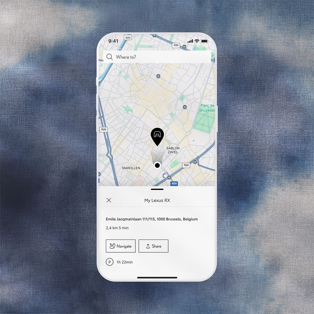 A view of a mobile phone showing the Find My Car feature of the Lexus Link+ App