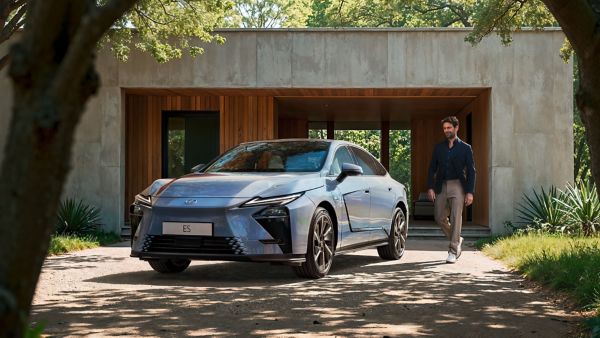 A person walking away from a parked Lexus ES