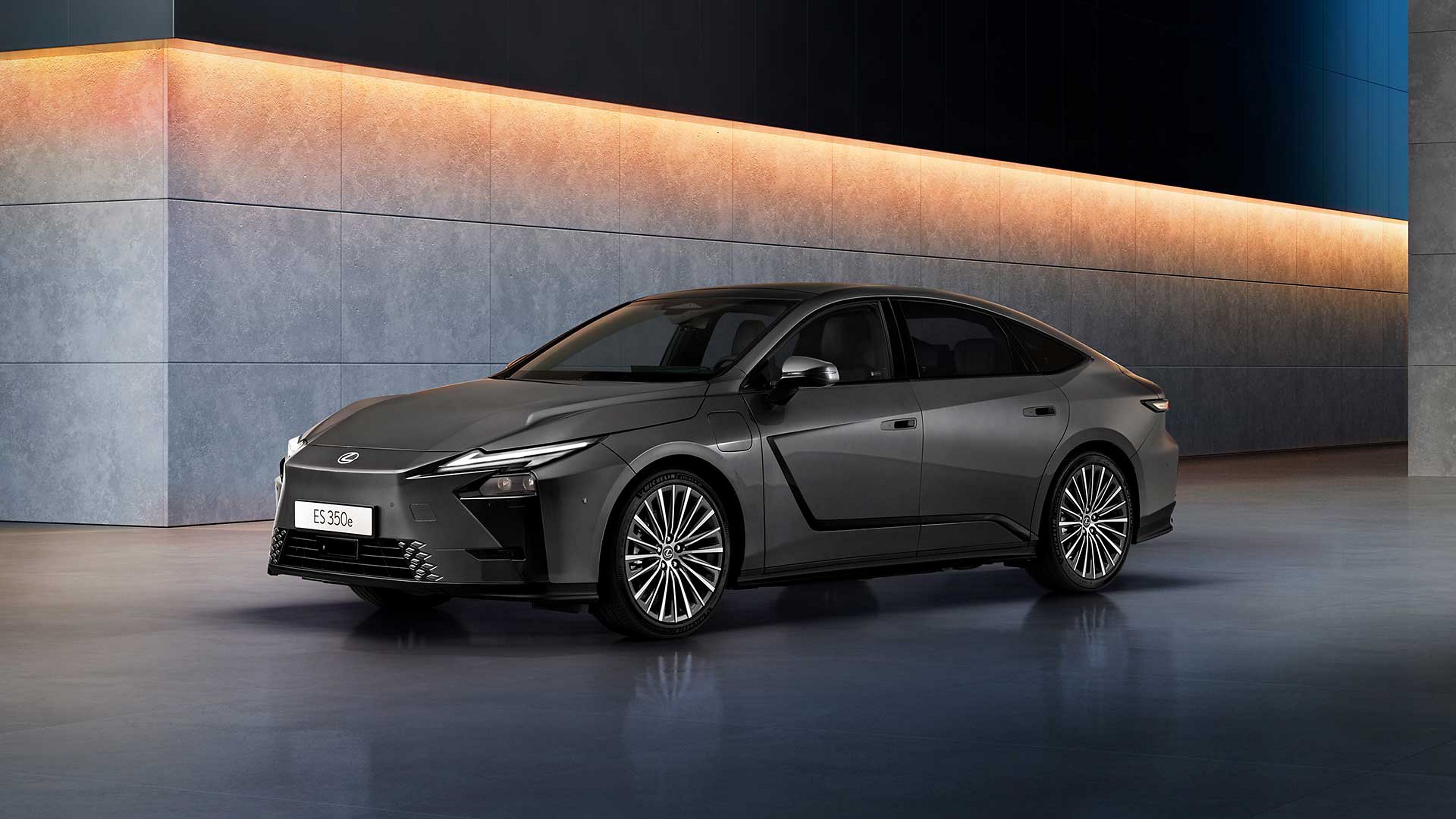 Front three-quarter angle of a parked all-new Lexus ES 350e