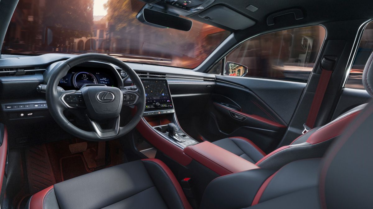 Dark Rose leather interior detail of the Lexus LBX Vibrant Edition