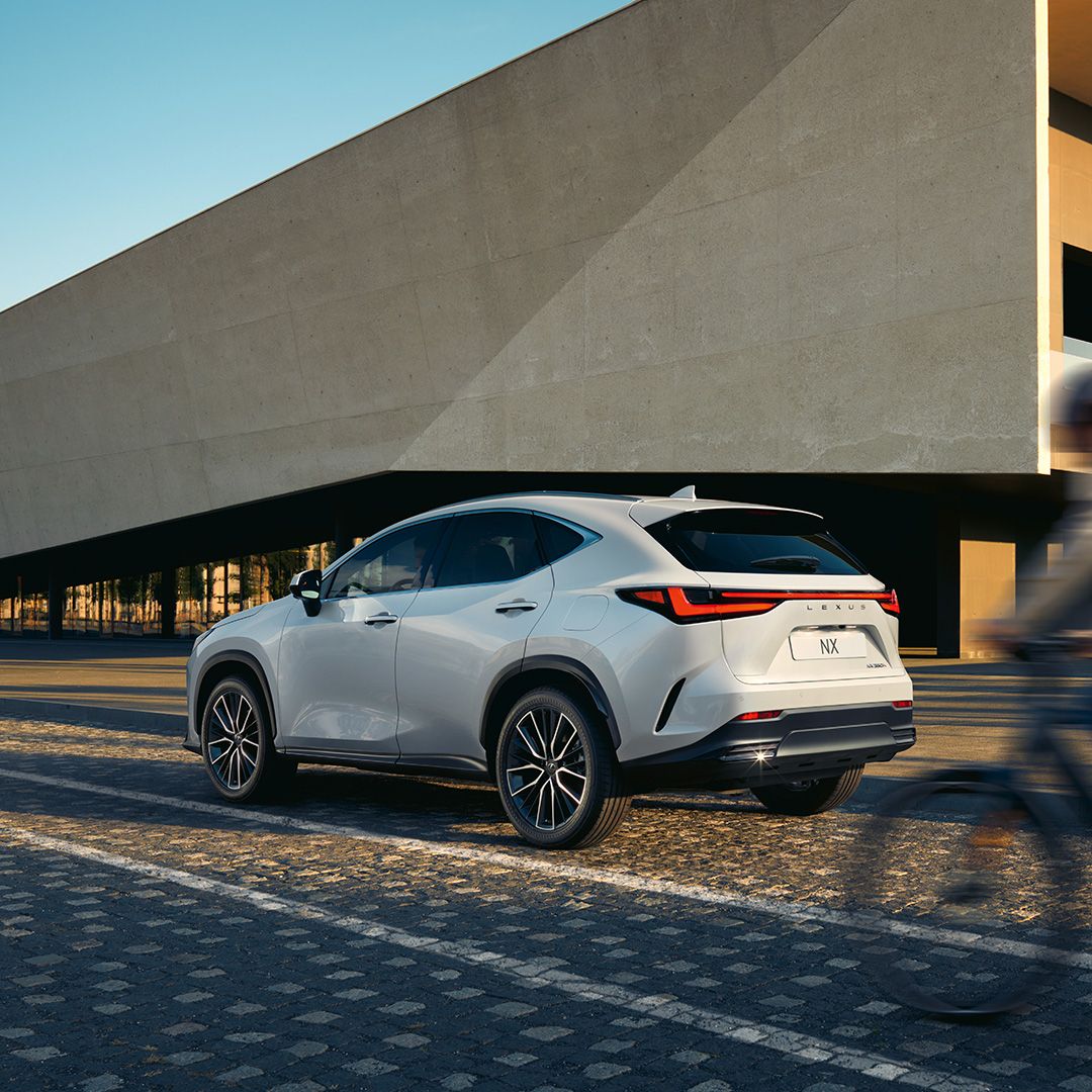 Rear three-quarter view of a parked Lexus NX 350h